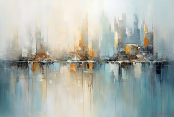 an abstract painting of a city in the water