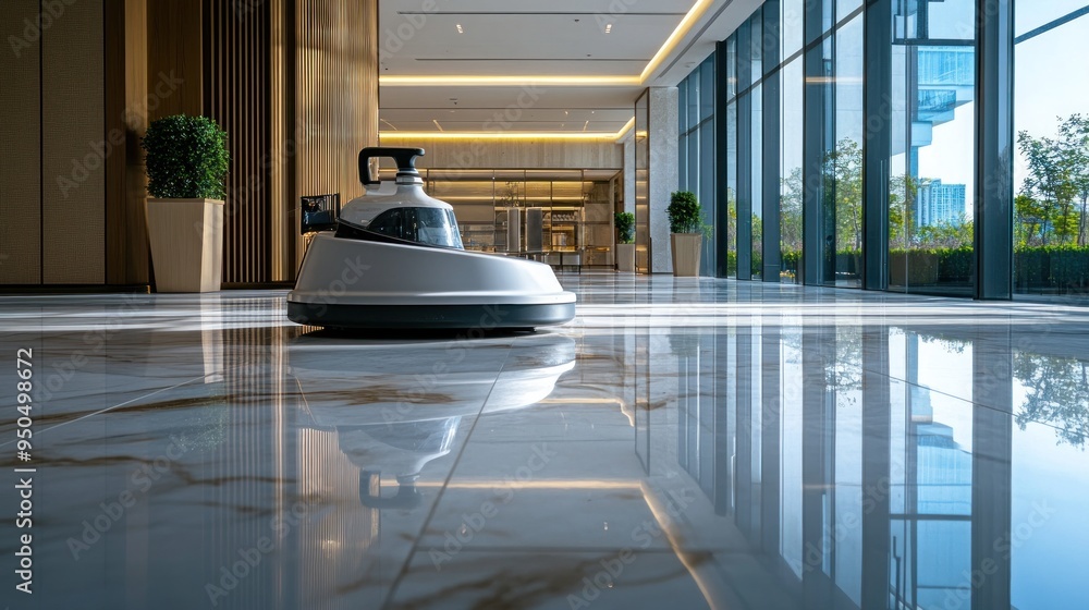 Sticker Automated Floor Cleaning Robot in a Modern Lobby