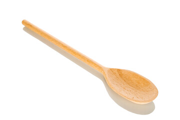 One wooden spoon, macro, isolated on white background.