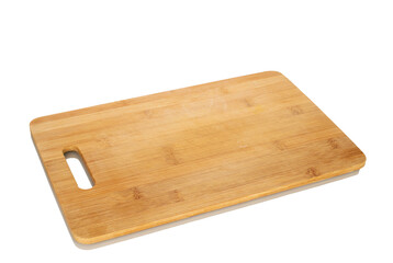 One bamboo kitchen board, macro, isolated on white background.