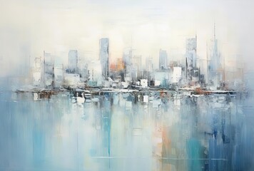 an abstract painting of a city in the water