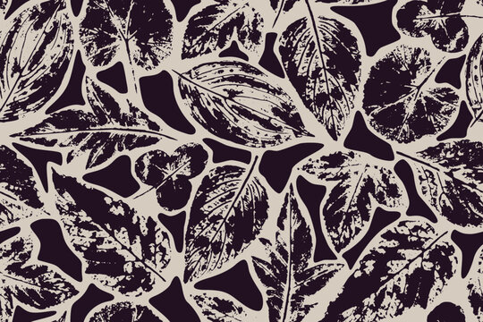 Seamless pattern of dark tree leaf prints and geometric brutalized spots on a light sandy background. Trendy modern collage for fabric print, paper, wallpaper, cover. Vector monochrome illustration.
