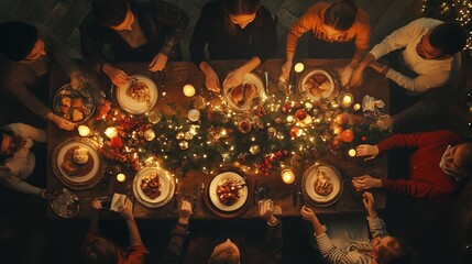Naklejka premium Gathering around a festive table filled with a hearty Christmas dinner during a cozy evening celebration