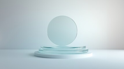 a transparent glass podium with a round base and a circular award on a white background. Minimalist style, glass material, simple design concept for a presentation