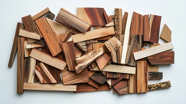 An assortment of wooden scraps and offcuts of varying dimensions and shapes is displayed on a blank background. These leftover pieces of wood result from prior woodworking projects. 