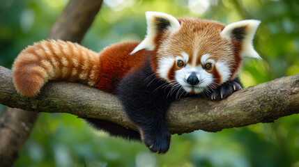Fototapeta premium A close-up of a red panda cub clinging to a tree branch