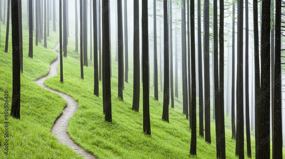 Poster winding paths through misty pine trees create a tranquil atmosphere in an enchanting green forest la
