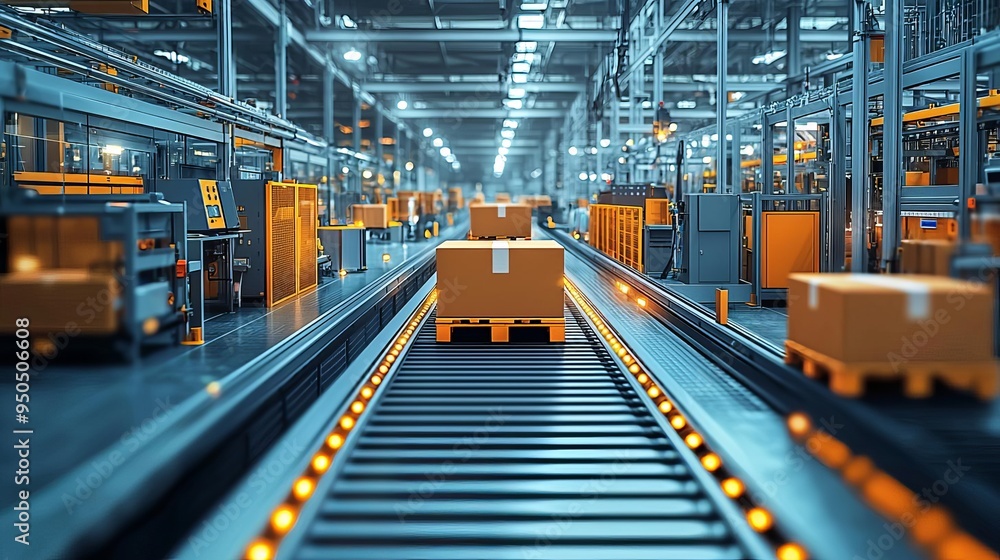 Poster a close-up of automated machinery in a logistics facility, showing its role in managing freight dist
