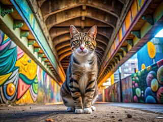 Obraz premium Under a vibrant bridge, a nonconformist American Wirehair cat struts with confidence, framed by colorful murals that dance across the concrete.