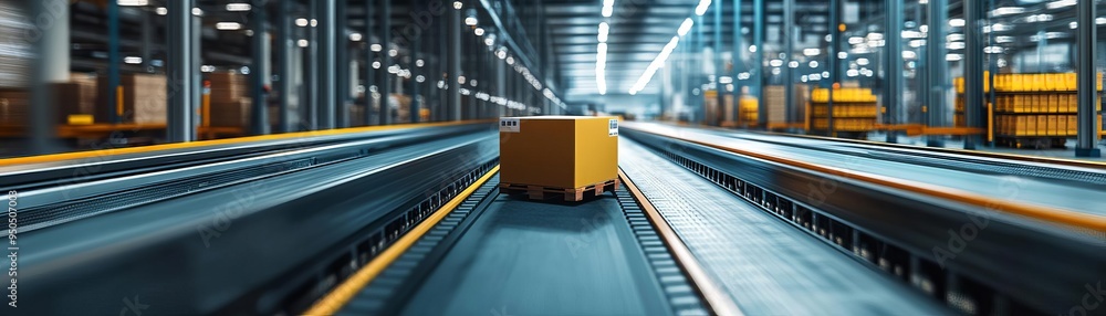 Poster a close-up of automated systems in a state-of-the-art distribution facility, managing freight and en
