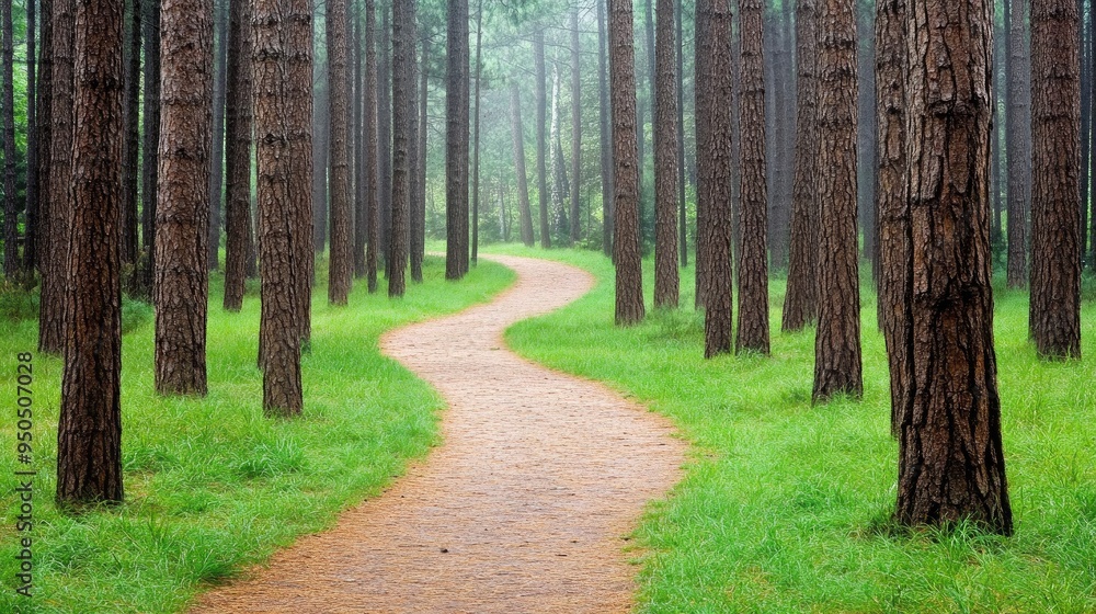 Poster winding paths through misty pine trees create a tranquil atmosphere in an enchanting green forest la