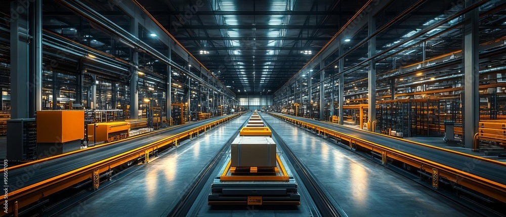 Poster a detailed image of a state-of-the-art distribution center, featuring advanced machinery and automat