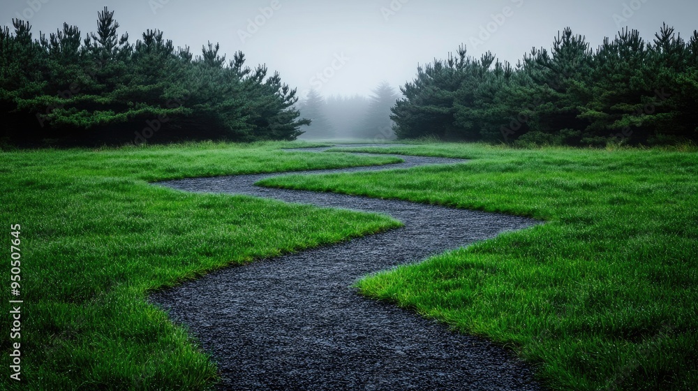 Poster winding paths through misty pine trees create a tranquil atmosphere in an enchanting green forest la