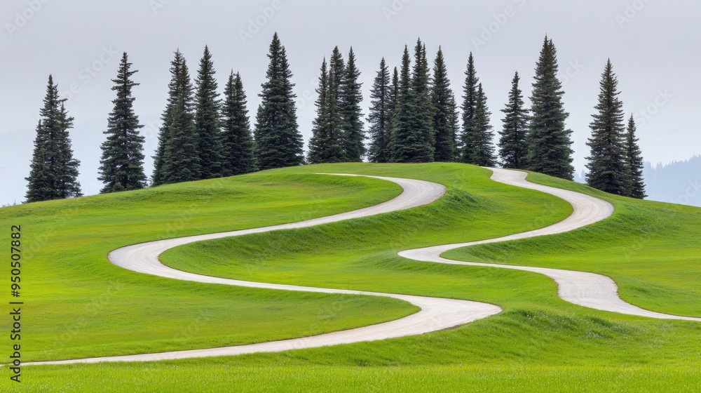 Poster winding paths through misty pine trees create a tranquil atmosphere in an enchanting green forest la