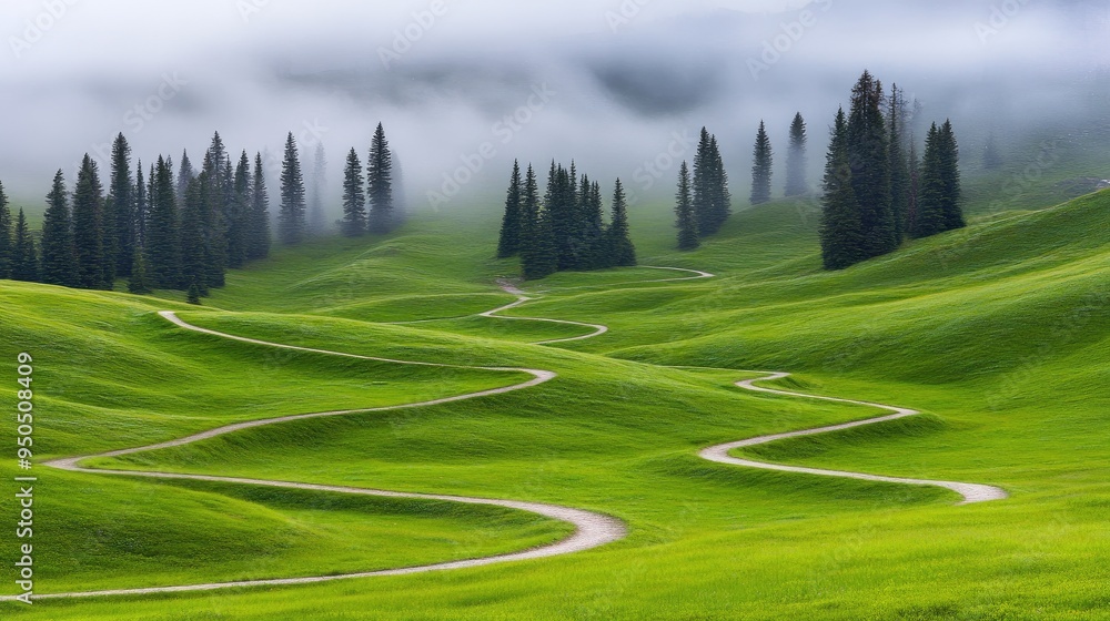 Poster winding paths through misty pine trees create a tranquil atmosphere in an enchanting green forest la