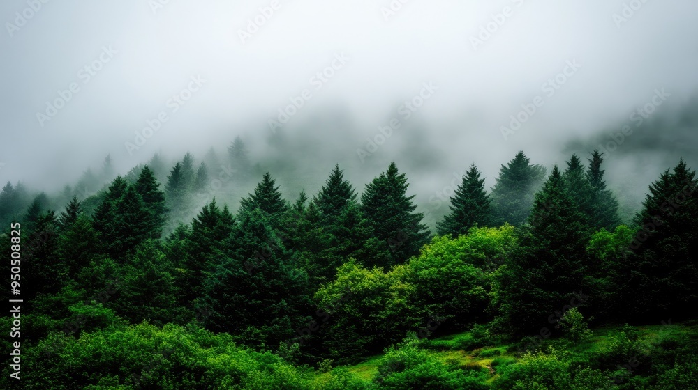 Poster winding paths through misty pine trees create a tranquil atmosphere in an enchanting green forest la