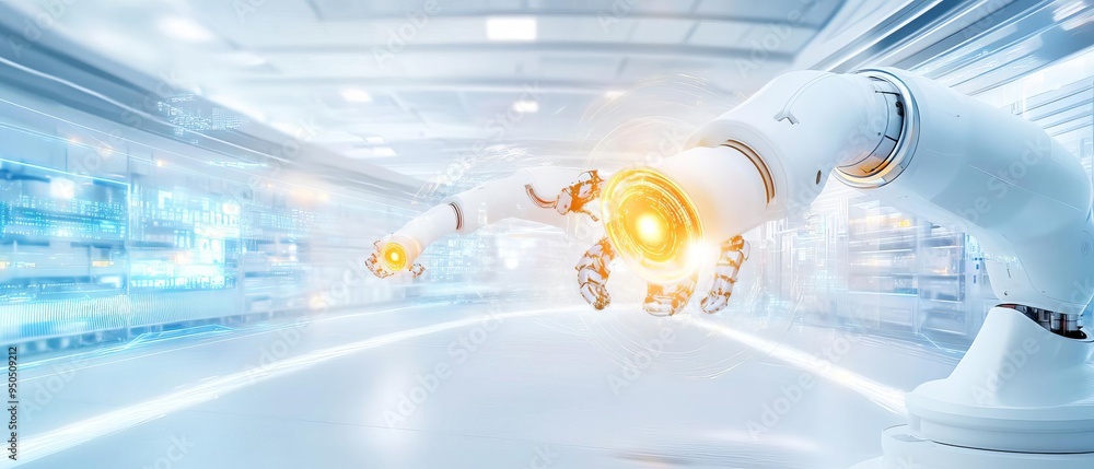Poster a futuristic distribution hub with robotic arms and automated systems for managing freight, showcasi