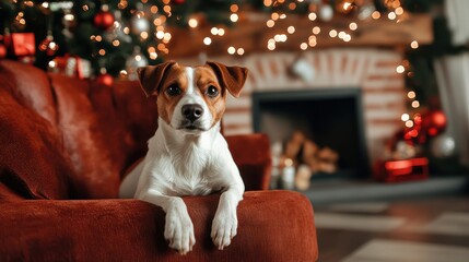A cozy dog rests on a red couch in front of a beautifully decorated Christmas tree with twinkling lights and holiday ornaments