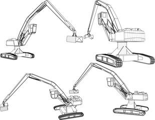 Vector sketch illustration of the design of a heavy excavator machine for cleaning up rubbish in waters 