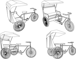 Vector sketch illustration of the design of a traditional ethnic transportation vehicle, a pedal rickshaw for carrying passengers