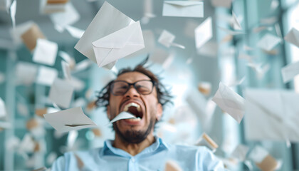 Frustrated young man and many falling envelopes