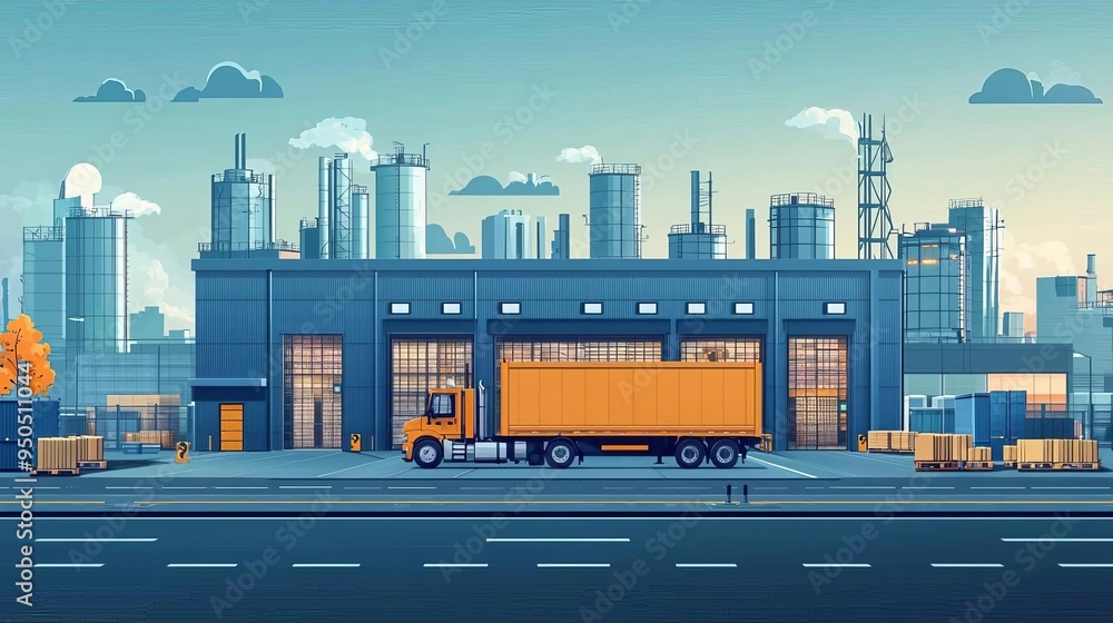 Poster a high-tech logistics center with real-time data on freight distribution, machinery performance, and