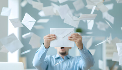 Frustrated young man and many falling envelopes