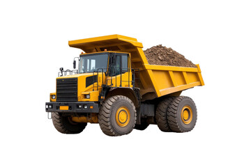 Heavy-duty yellow dump truck loaded with dirt on construction site, ideal for transporting materials and projects.