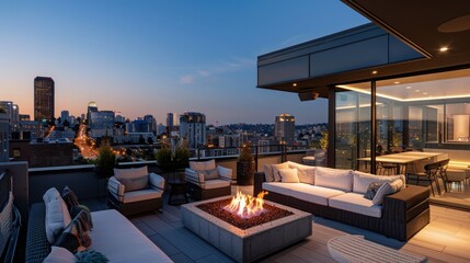 Fototapeta premium Modern Rooftop Patio with City Skyline View