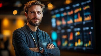 A business analyst presenting market insights in a modern office, with data visualization tools.