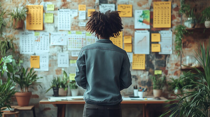 An office worker managing schedules on a digital calendar, surrounded by reminders and to-do lists.