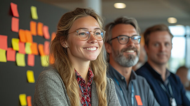 Colleagues brainstorming new marketing strategies, with colorful post-its and a vibrant energy.