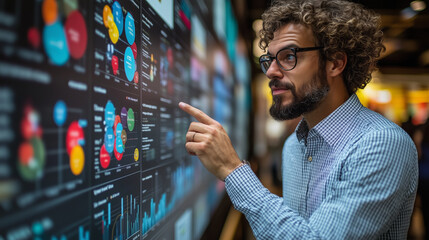 An executive presenting a detailed strategy roadmap with key objectives on a large display.