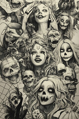 Black and white hand-painted, pumpkin, fooling around, zombies, witch, character pattern manuscript combination, hand-painted wallpaper