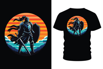 T-shirt design with a warrior holding a sword.
