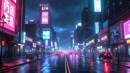 Fototapeta premium Neon-Lit Cyberpunk Cityscape at Night with Rain-Soaked Streets and Vibrant Reflections