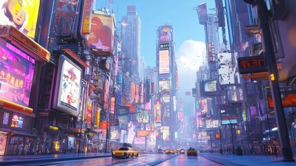 Obraz premium Bright and bustling futuristic city street with towering buildings and colorful billboards, captured in serene daylight with no people around.