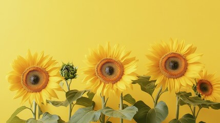 Bright sunflowers isolated against a vivid yellow background,