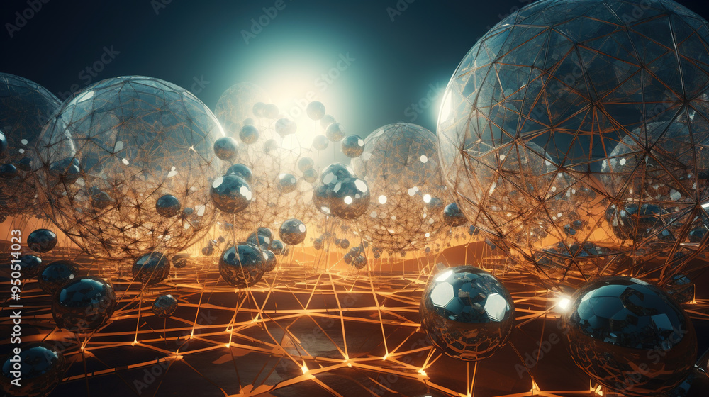 Aufkleber Abstract scfi-fi landscape with connected 3D balls and molecular grid structure. Futuristic surreal abstraction.