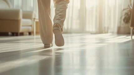 Close-up of the legs of a person walking in a room