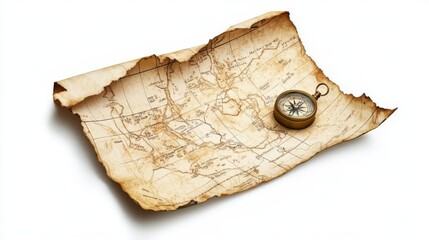Old vintage map with a brass compass on a white background. Perfect for themes of exploration, geography, and history.