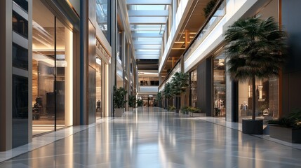 Modern Shopping Mall Interior with Glass Fronts and Palm Trees