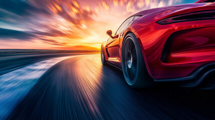 A dynamic scene of a bright red sports car speeding along what appears to be a racetrack or a...