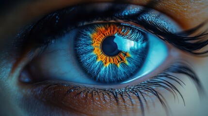 extreme closeup of piercing blue human eye intricate iris detail long eyelashes reflection in pupil hyperrealistic macro photography