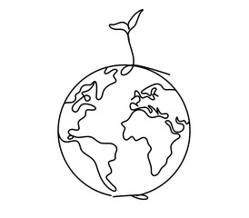 Abstract plant with planet Earth as line drawing on white background