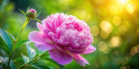 Fototapeta premium Vibrant close-up of a delicate pink peony bloom, soft petals unfolding from lush green leaves, surrounded by a blurry bokeh of warm natural light.