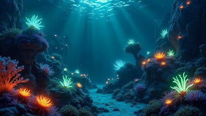 Underwater Bioluminescent World with Glowing Coral Reefs and Sea Creatures Deep Sea Fantasy