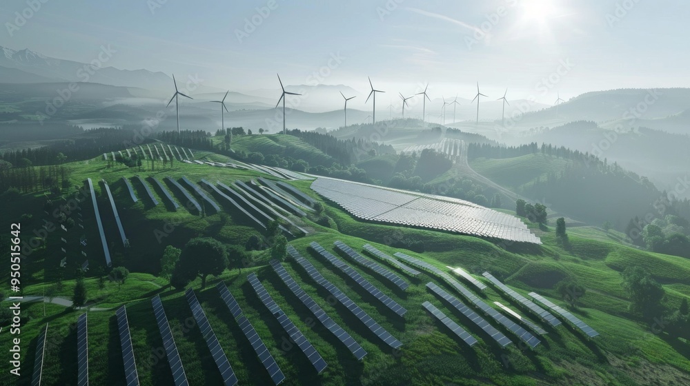 Poster a large field of solar panels with a few wind turbines in the background