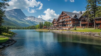 Fototapeta premium Nestled on the shores of Swiftcurrent Lake in Glacier National Park, Montana, the Many Glacier Hotel stands as a testament to the park's rich history. 