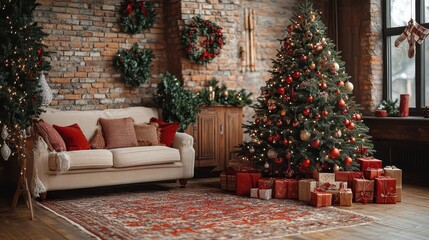 festive christmas tree adorned with lights and ornaments centerpiece of cozy living room with holiday decorations